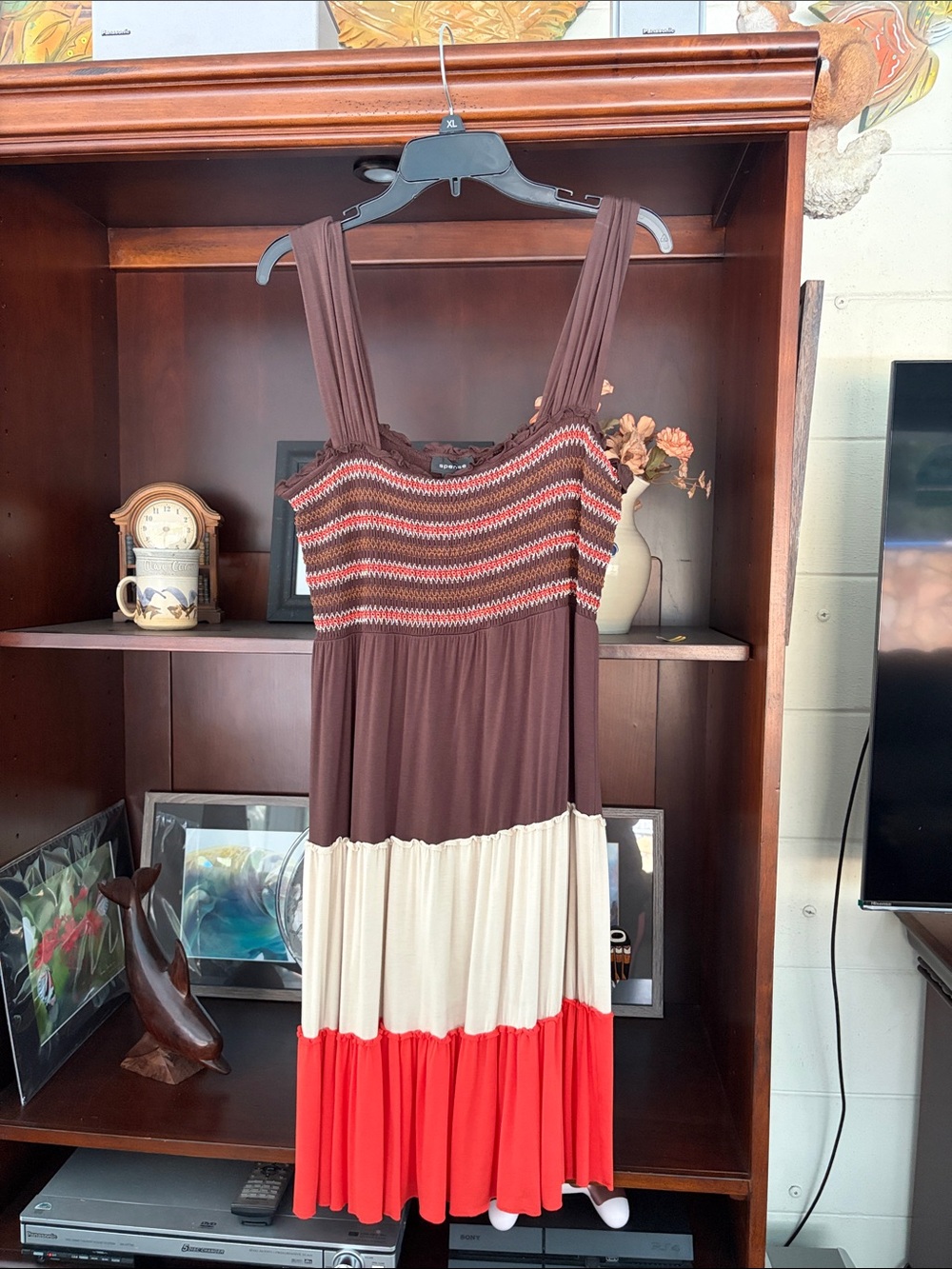 Spense Brown, Cream & Red Colorblock Maxi Dress